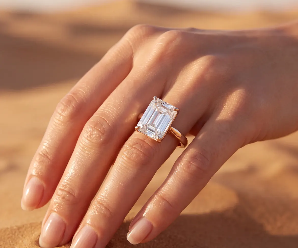 Emerald cut diamond solitaire ring in rose gold, worn on the hand in warm desert light